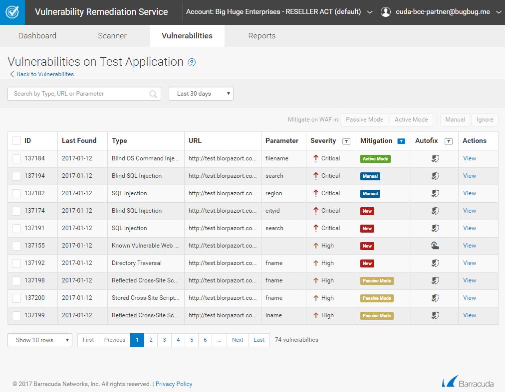Screenshot Barracuda Vulnerability Remediation Service