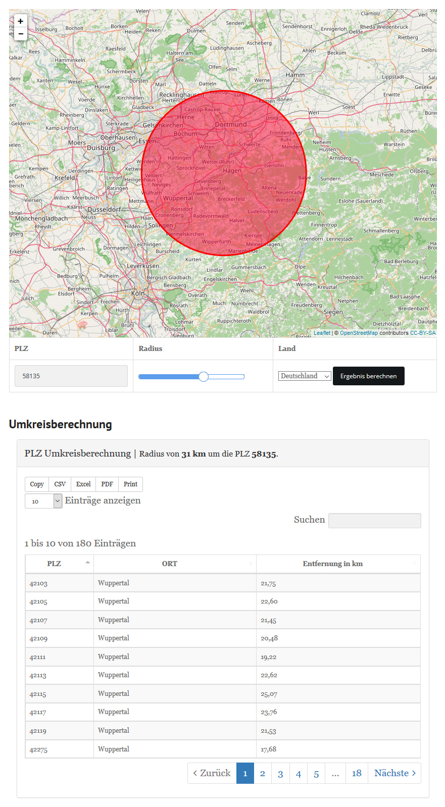 Umkreissuche: Bitte geben Sie unter der Karte Ihre PLZ, den gewünschten Radius und das Land ein (Bil