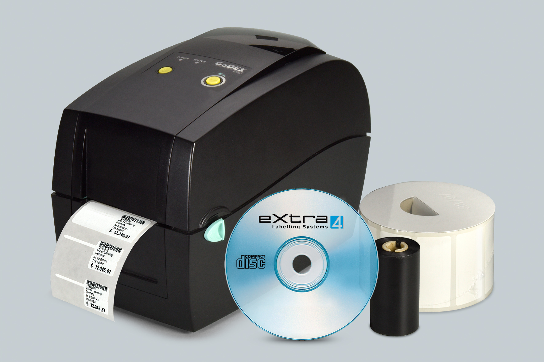 eXtra4-Einsteigerpaket mit Godex RT200, Etikettendruck-Software eXtra4, Etiketten und Farbband