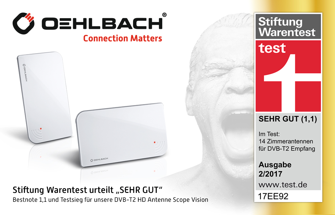 Die DVB-T2 HD Antenne Scope Vision aus dem Hause Oehlbach wurde mit der Bestnote ausgezeichnet. Die DVB-T2 HD Antenne Scope Vision aus dem Hause Oehlbach wurde mit der Bestnote ausgezeichnet.