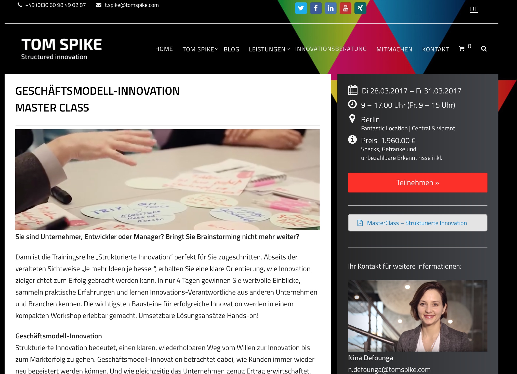 Innovationsberatung TOM SPIKE bietet vom 28.-31.3.17 Intensivworkshop Geschäftsmodell-Innovation
