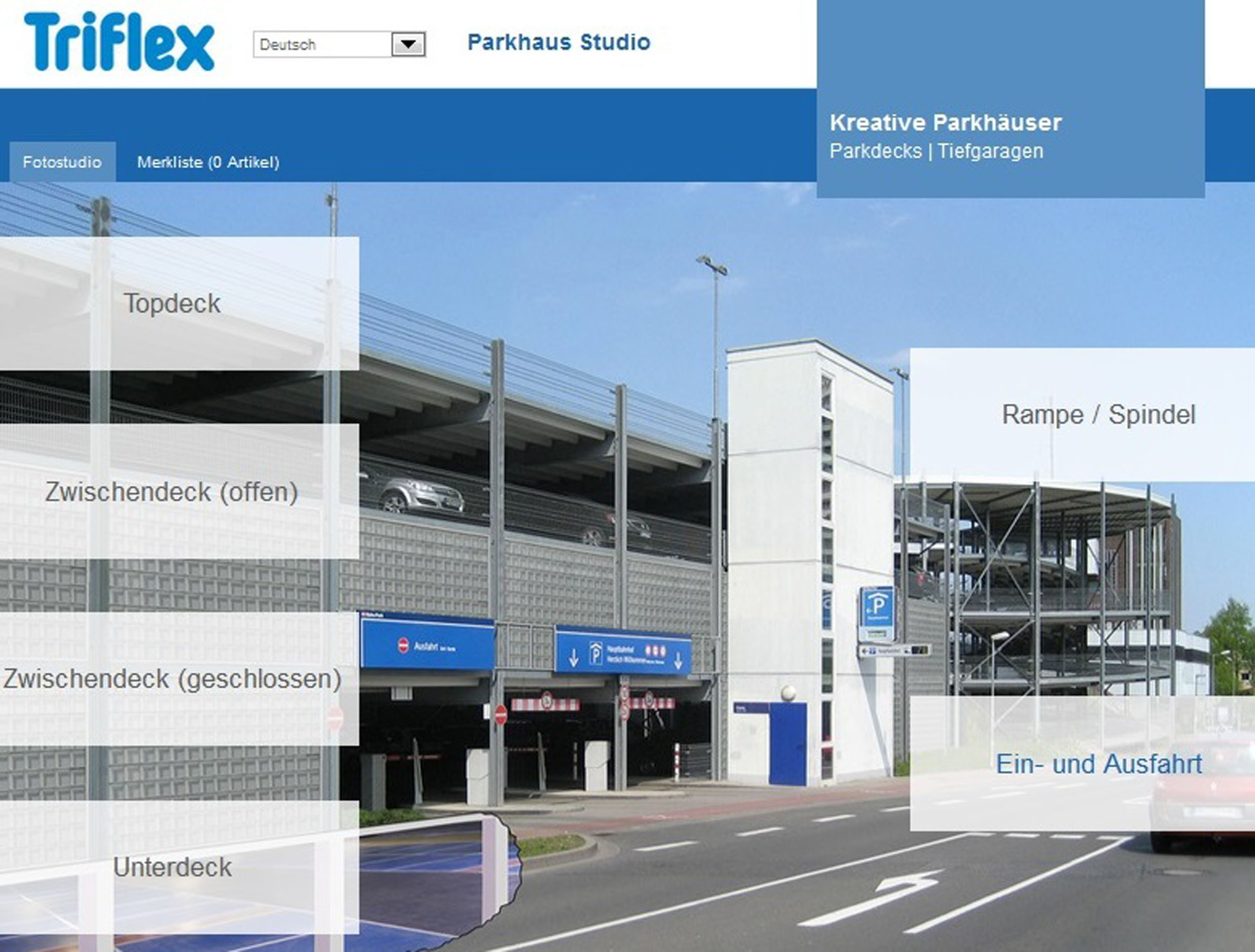 Mit dem Triflex Parkhaus-Studio lassen sich Parkhaus-Gestaltungen simulieren. Mit dem Triflex Parkhaus-Studio lassen sich Parkhaus-Gestaltungen simulieren.