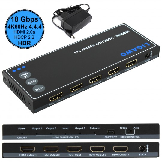  Ligawo ® 3080006 HDMI HDR Splitter 1x4 - 18Gbps 4K 60Hz 4:4:4 EDID 
