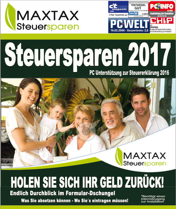 MAXTAX Steuersparen 2017 für die Steuererklärung 2016 ist ab sofort unter www.maxtax.de erhältlich. MAXTAX Steuersparen 2017 für die Steuererklärung 2016 ist ab sofort unter www.maxtax.de erhältlich.