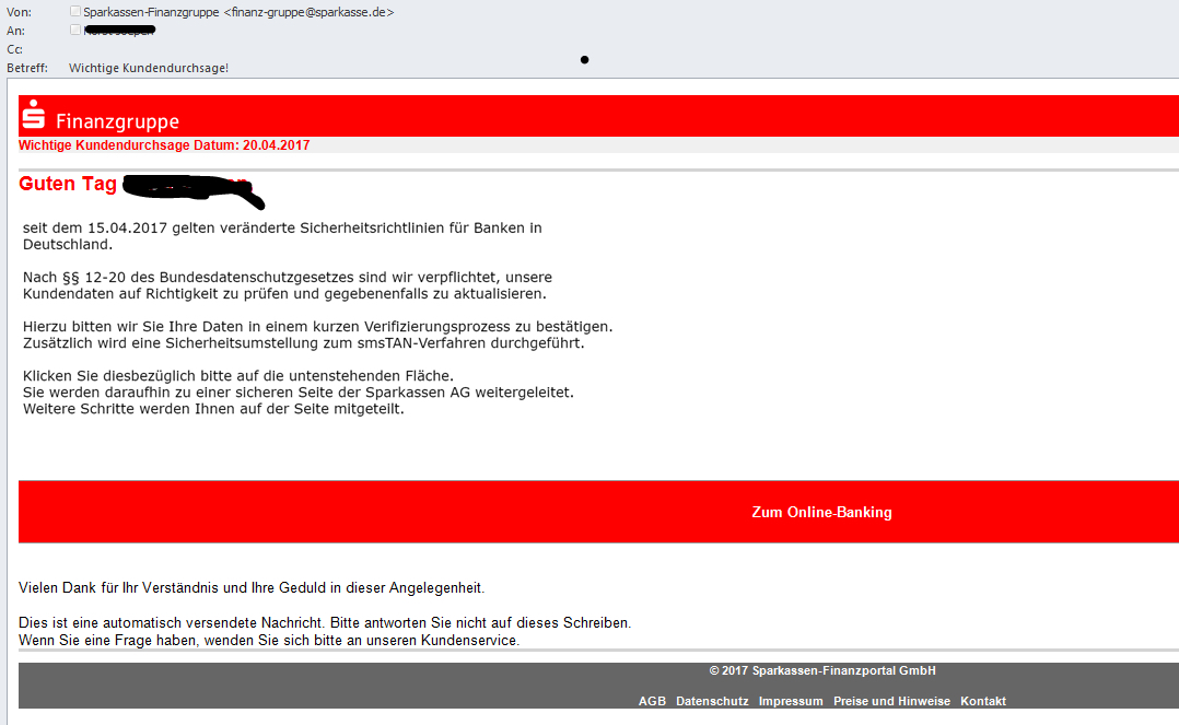 Perfekt gemachte Betrugsmail im Look der Sparkasse Perfekt gemachte Betrugsmail im Look der Sparkasse