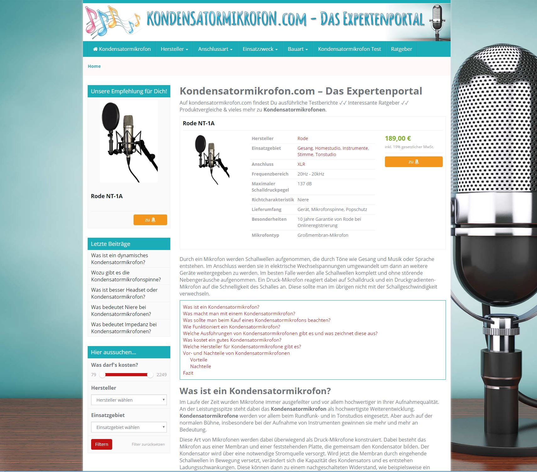 So sieht die Startseite von kondensatormikrofon.com - dem Expertenportal aus
