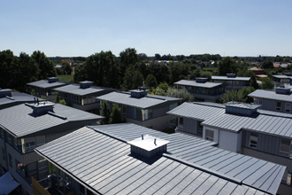 Luftbild einer Wohnsiedlung in Greven, Baujahr 1996 – 1998. Bild: Rheinzink