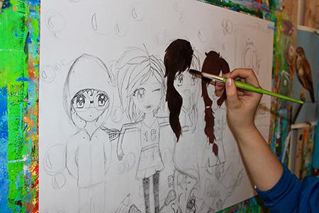 Manga-Zeichnen in einem Ferien-Malkurs der Malschule Friedenau