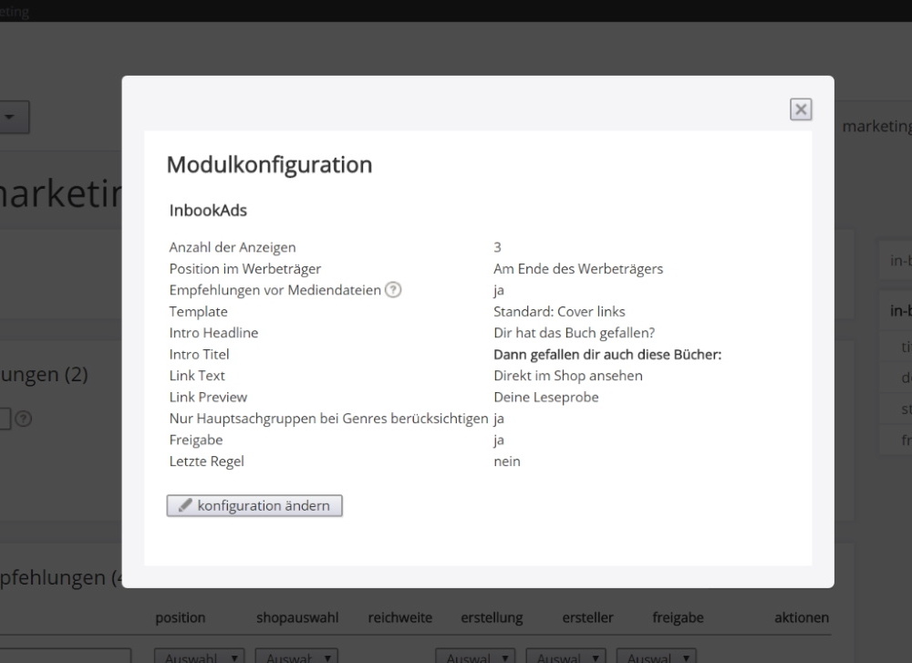 Modulkonfiguration: Grundeinstellungen der In-Book-Anzeigen festlegen (Quelle: readbox) Modulkonfiguration: Grundeinstellungen der In-Book-Anzeigen festlegen (Quelle: readbox)