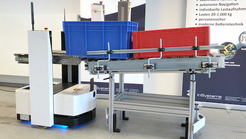 proANT Transportroboter für KLT Behälter an einer exemplarischen Übergabestation proANT Transportroboter für KLT Behälter an einer exemplarischen Übergabestation