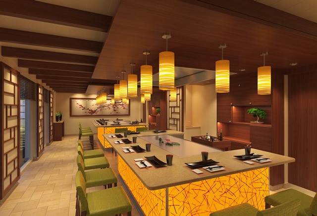 Die beiden Teppanyaki-Stationen auf der neuen Carnival Horizon Die beiden Teppanyaki-Stationen auf der neuen Carnival Horizon