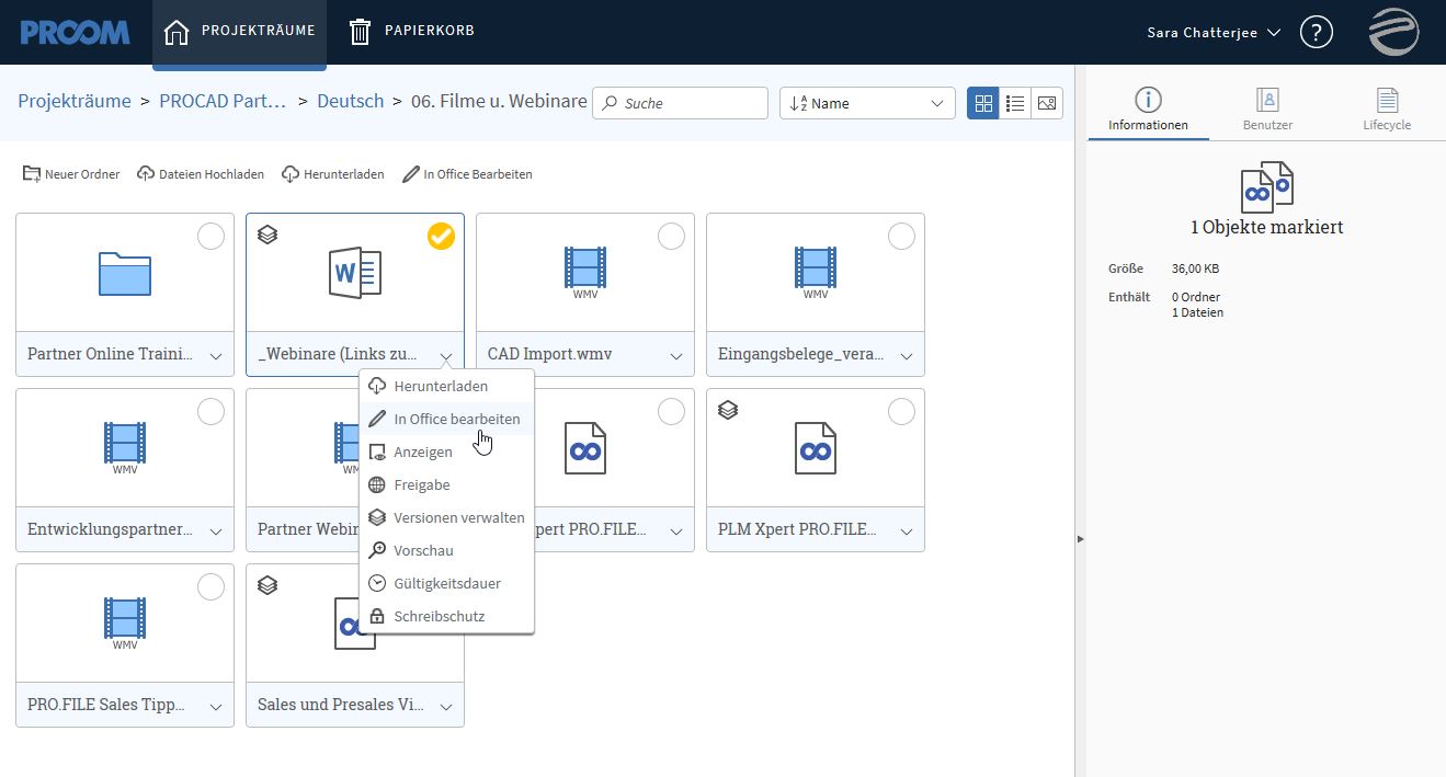 Direktes Öffnen und Bearbeiten einer Datei im passenden Microsoft Office Programm. Quelle: PROCAD Gm