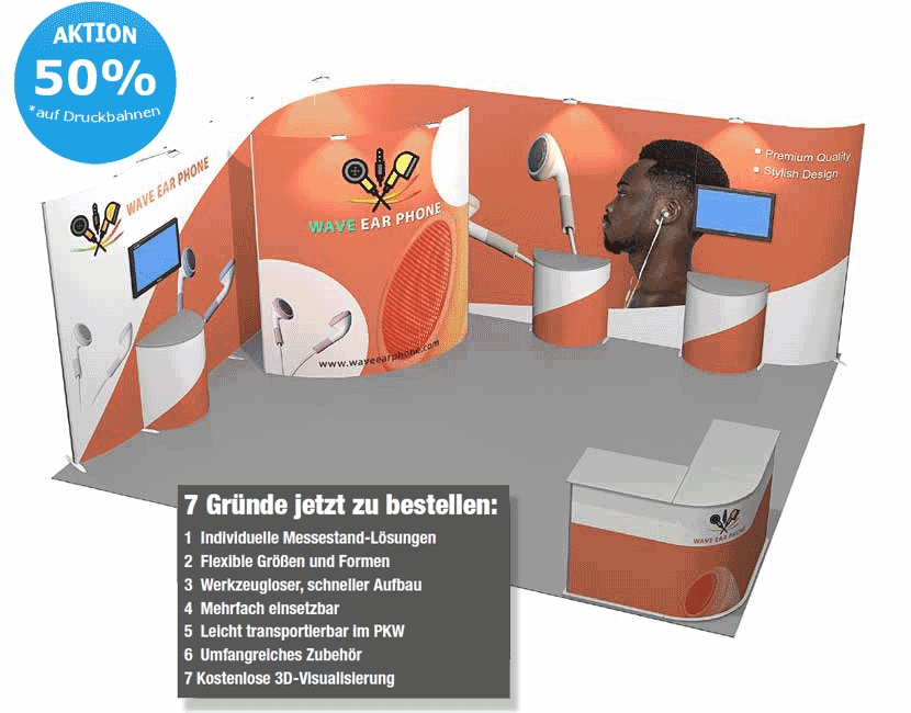 Mobiler Messestand ISOframe Wave - flexibel ohne Werkzeug aufbaubar, im PKW transportierbar Mobiler Messestand ISOframe Wave - flexibel ohne Werkzeug aufbaubar, im PKW transportierbar