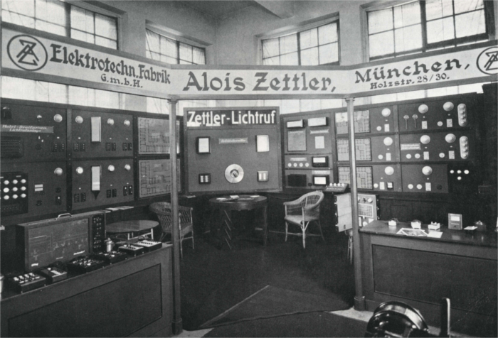 Ausstellungsstand der Elektrotechnischen Fabrik GmbH Alois Zettler von 1928 (Quelle: ZETTLER Group)