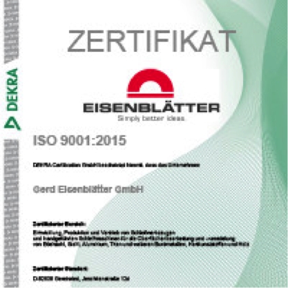 Eisenblätter Zertifikat - zur DIN ISO Zertifizierung  - DIN ISO 9001:2015