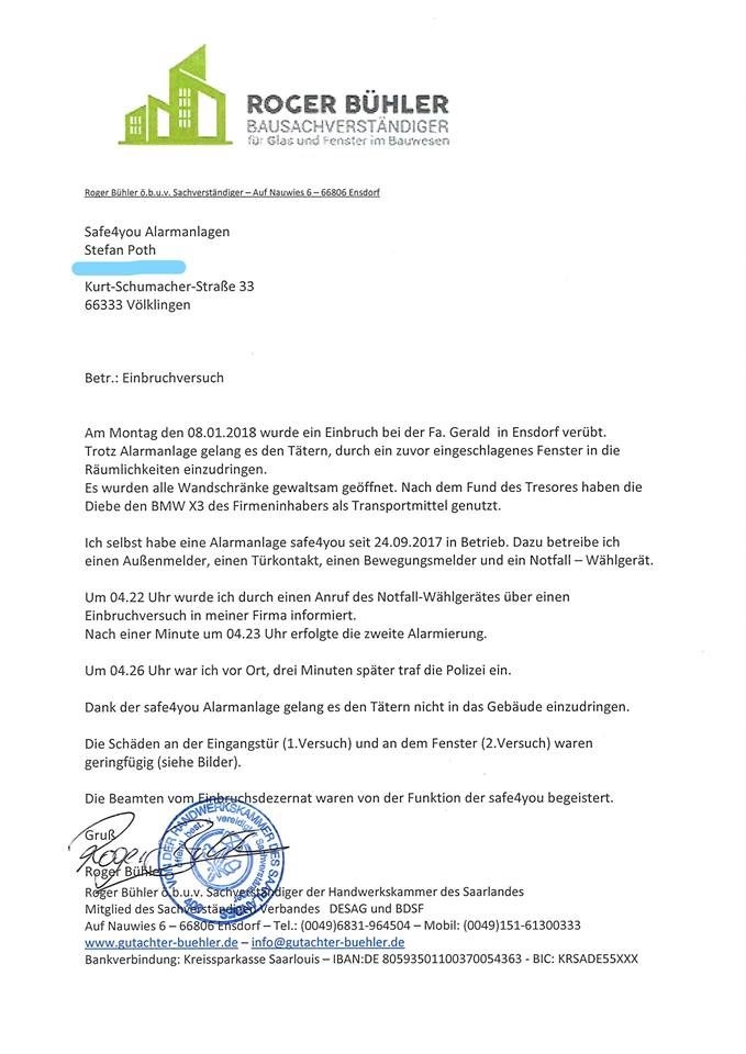 Bausachverständiger empfiehlt safe4u Bausachverständiger empfiehlt safe4u