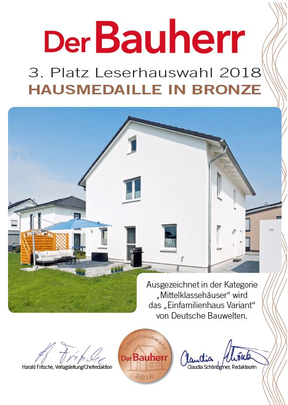 Bei der Leserhauswahl erhielt das Haus Variant von Deutsche Bauwelten die Hausmedaille in Bronze.