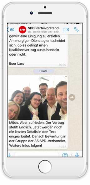 GroKo-Einigung: Erstkommunikation via WhatsApp durch den SPD-Parteivorstand GroKo-Einigung: Erstkommunikation via WhatsApp durch den SPD-Parteivorstand