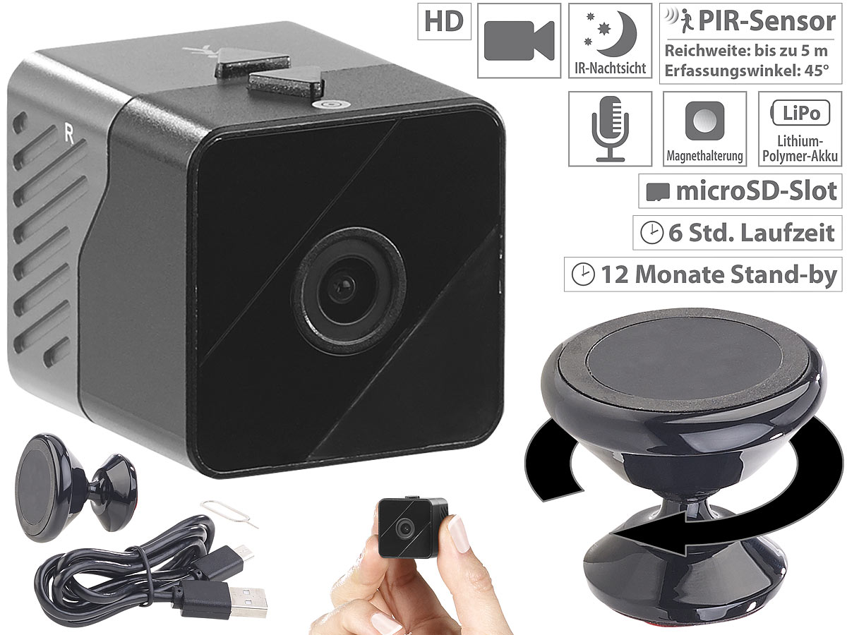 Somikon Ultrakompakte Micro Kamera DV-1000.sm mit PIR Sensor& 8 Meter Nachtsicht, www.pearl.de