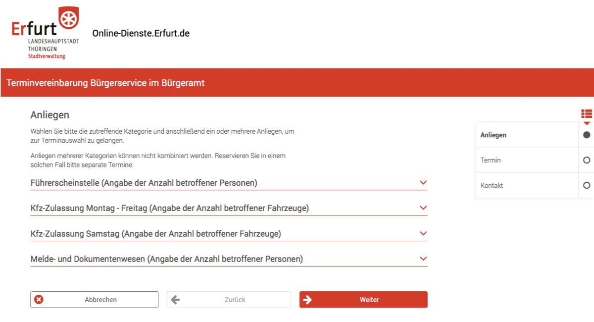 Screenshot: Startseite der Online-Terminvergabe auf Basis von cit intelliForm