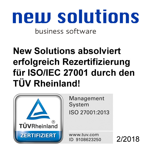 New Solutions absolviert erfolgreich erste Rezertifizierung für ISO/IEC 27001 New Solutions absolviert erfolgreich erste Rezertifizierung für ISO/IEC 27001