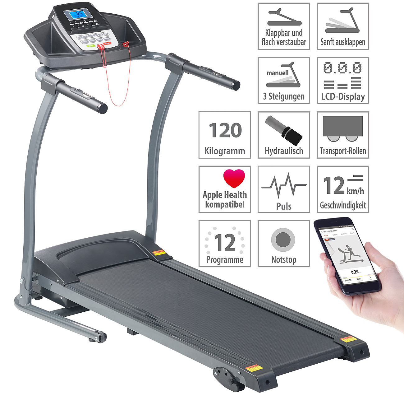 newgen medicals Profi-Laufband LF-300.premium mit App& Bluetooth, Pulsmesser, www.pearl.de