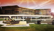 Außenansicht bei Dämmerung mit Pool
