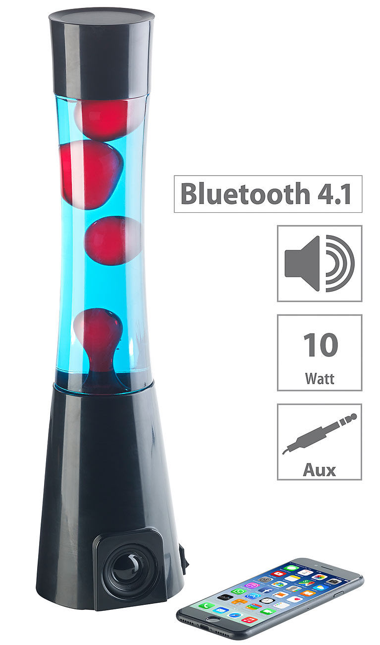 Lunartec Lavalampe rot/blau mit 10-Watt-Lautsprecher, Bluetooth 4.1, AUX-In, www.pearl.de