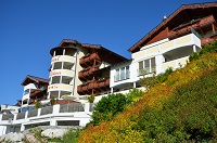 Aussenansicht mit grünem Vordergrund (Hotel Alpina)