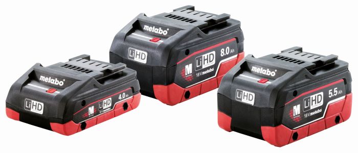 Metabo LiHD-Akkupacks mit 8.0 Ah, 5.5 Ah und 4.0-Ah-Flatpack. Foto: Metabo Metabo LiHD-Akkupacks mit 8.0 Ah, 5.5 Ah und 4.0-Ah-Flatpack. Foto: Metabo