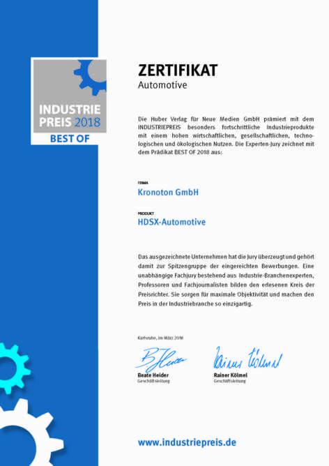 Zertifikat INDUSTRIEPREIS 2018©Kronoton GmbH