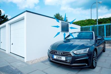 Doppelgarage mit SolarVenti®-Konzept: Der Warmluftkollektor ist an der Außenwand montiert. (Bildquel