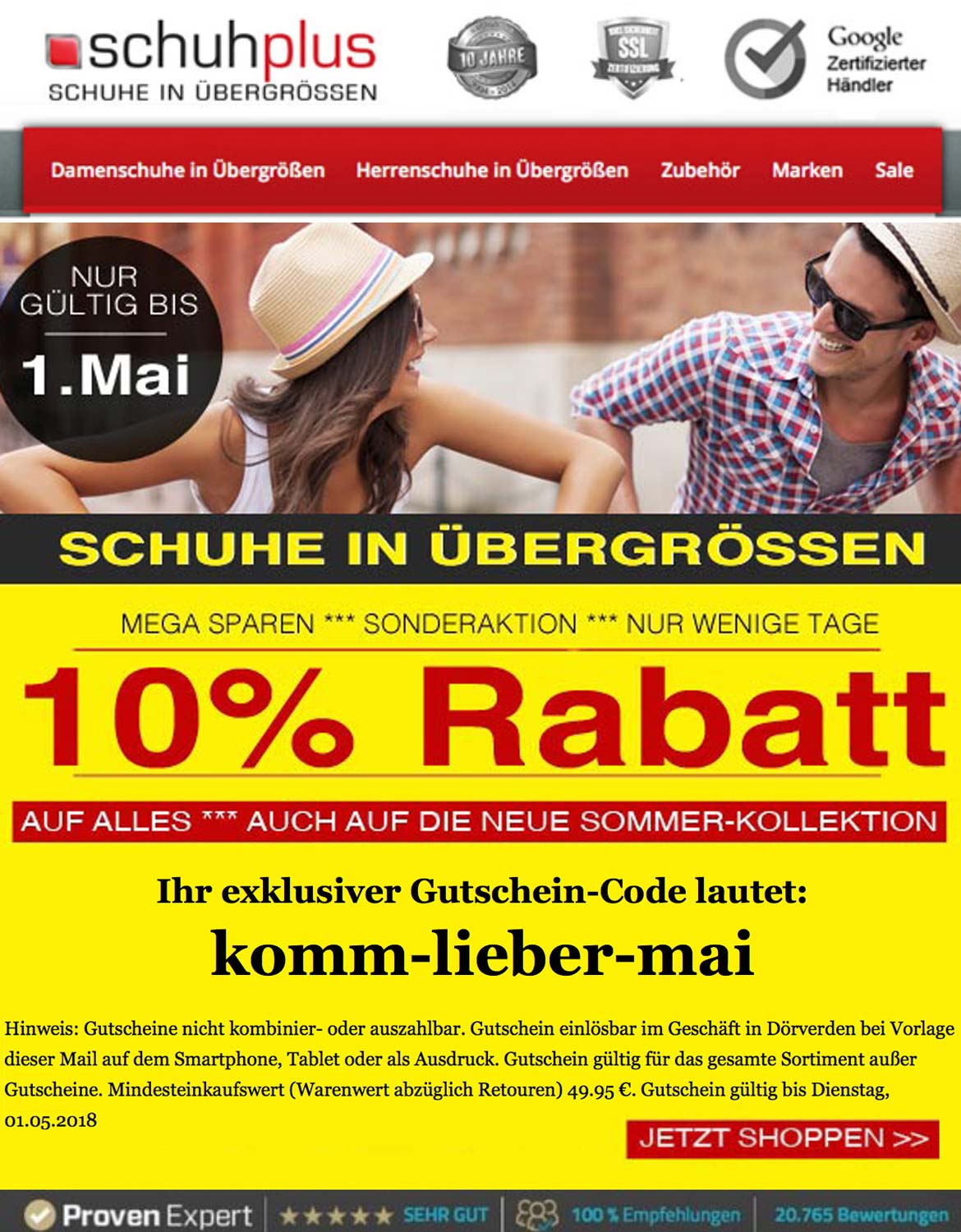 10% Rabatt auf ALLES! schuhplus - Schuhe inÜbergrößen - begrüßt den Mai mit einer Sonderaktion. 10% Rabatt auf ALLES! schuhplus - Schuhe inÜbergrößen - begrüßt den Mai mit einer Sonderaktion.
