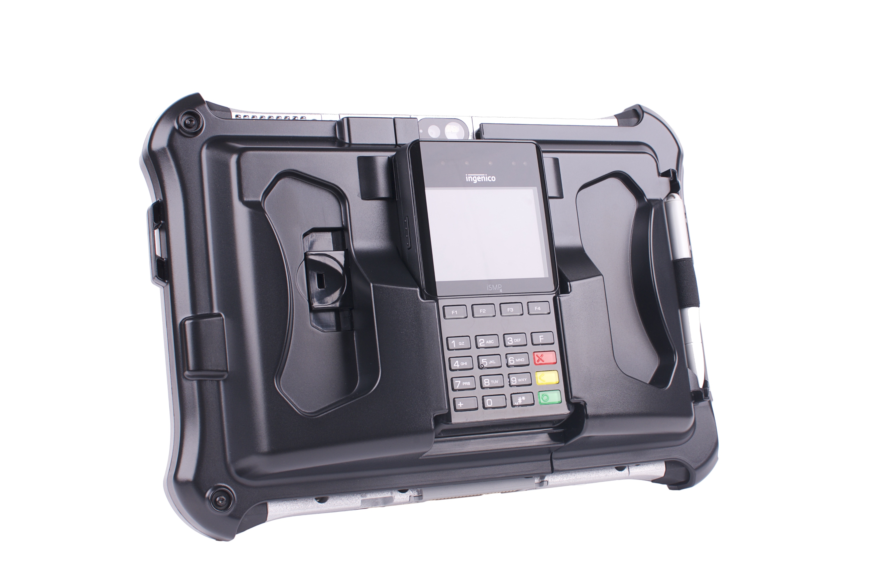 Die spezielle Halterung verbindet das Panasonic TOUGHPAD FZ-G1 Tablet mit einem Mobile-Payment-Gerät Die spezielle Halterung verbindet das Panasonic TOUGHPAD FZ-G1 Tablet mit einem Mobile-Payment-Gerät