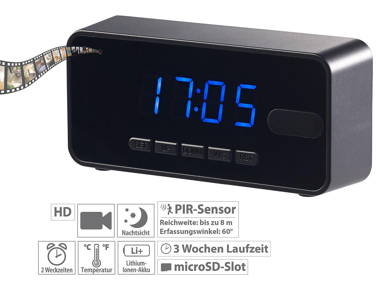 OctaCam 4in1-Tischuhr mit Full-HD-Kamera, Wecker, Thermometer und Nachtsicht, www.pearl.de