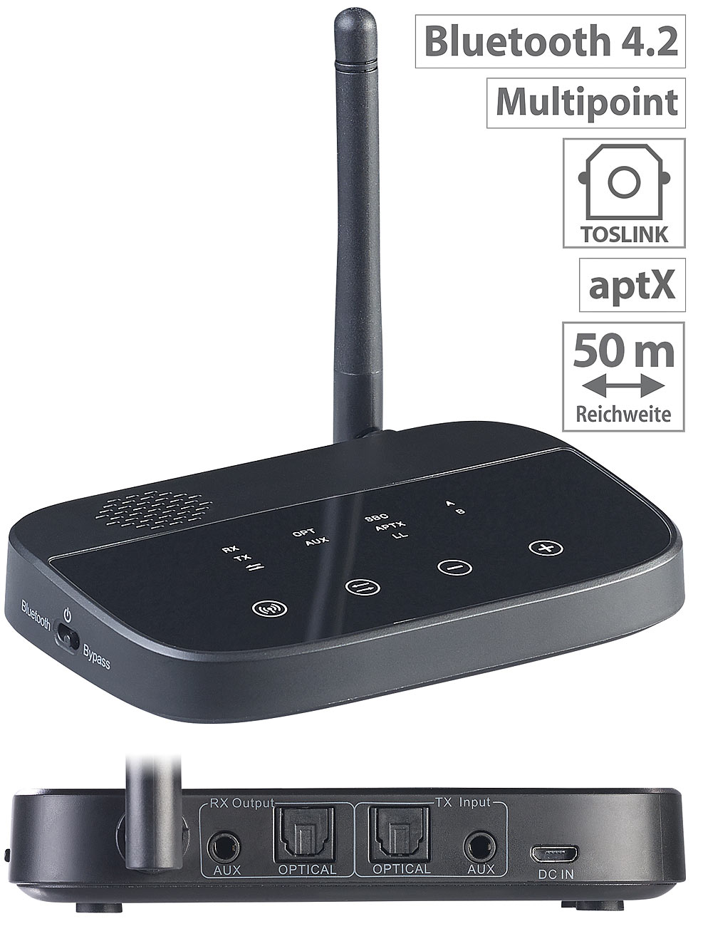 auvisio 2in1-Audio-Sender& -Empfänger BTR-300, Bluetooth 4.2, aptX, 50 m Reichweite, www.pear.de