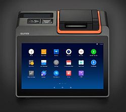 Bildunterschrift: Die kompakte Sunmi T1mini Android-Kasse mit Touchdisplay und integriertem Drucker 