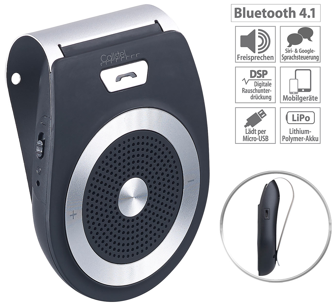 Callstel Kfz-Freisprecher BFX-420.pt mit Bluetooth und Multipoint, www.pearl.de Callstel Kfz-Freisprecher BFX-420.pt mit Bluetooth und Multipoint, www.pearl.de