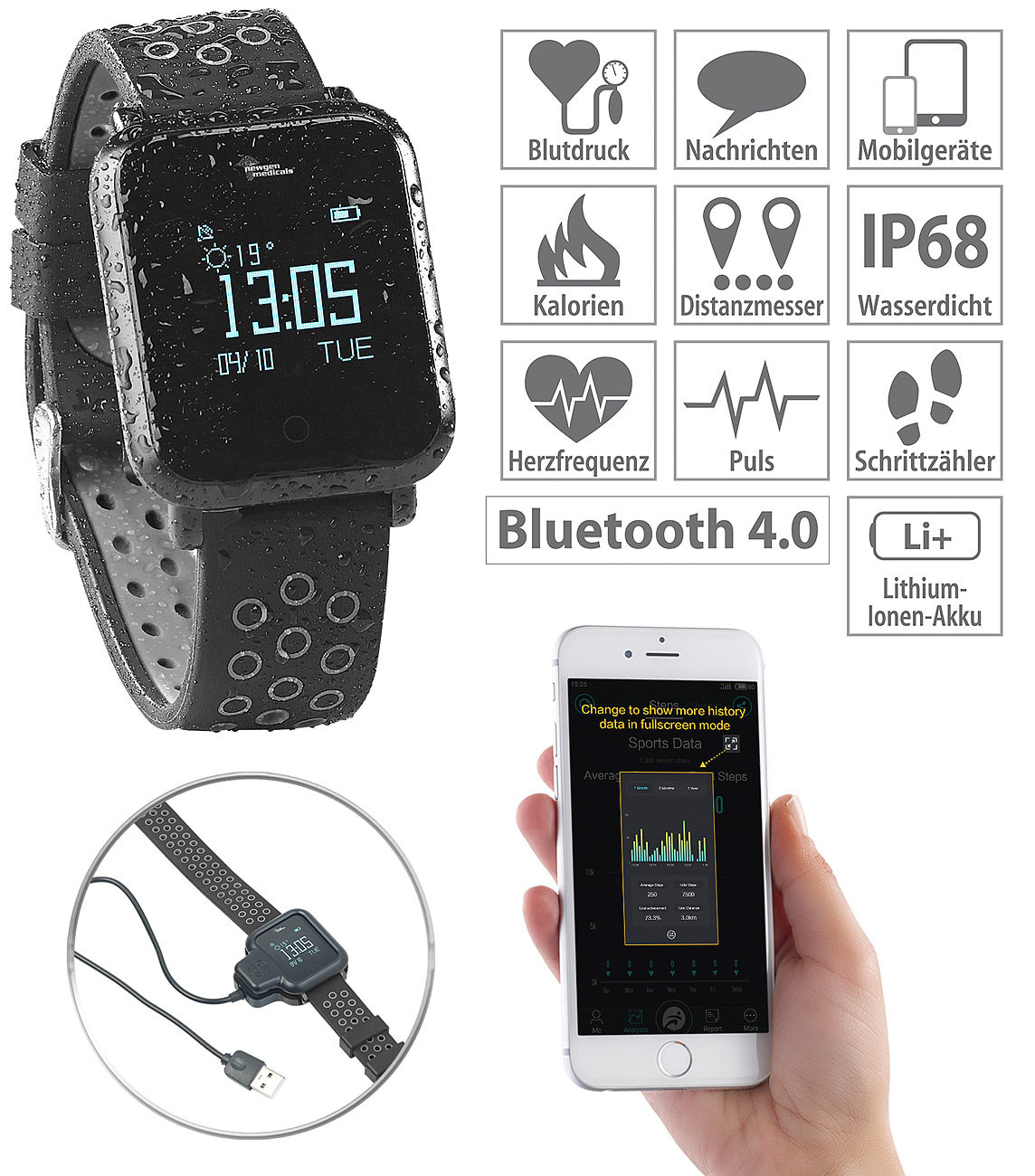 newgen medicals Fitness-Uhr w-250.hr mit Blutdruck-& Herzfrequenz-Anzeige, www.pearl.de