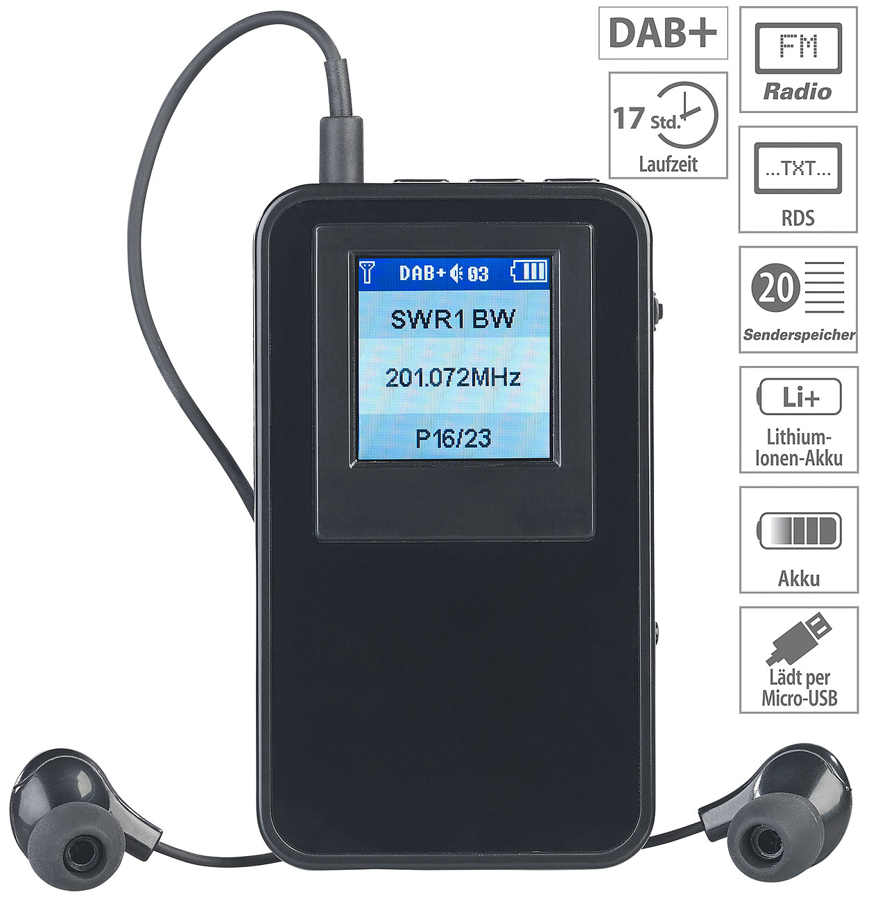 VR-Radio Digitales DAB+/FM-Taschenradio DOR-320.mini mit Akku und Stereo-Ohrhörern, www.pearl.de VR-Radio Digitales DAB+/FM-Taschenradio DOR-320.mini mit Akku und Stereo-Ohrhörern, www.pearl.de