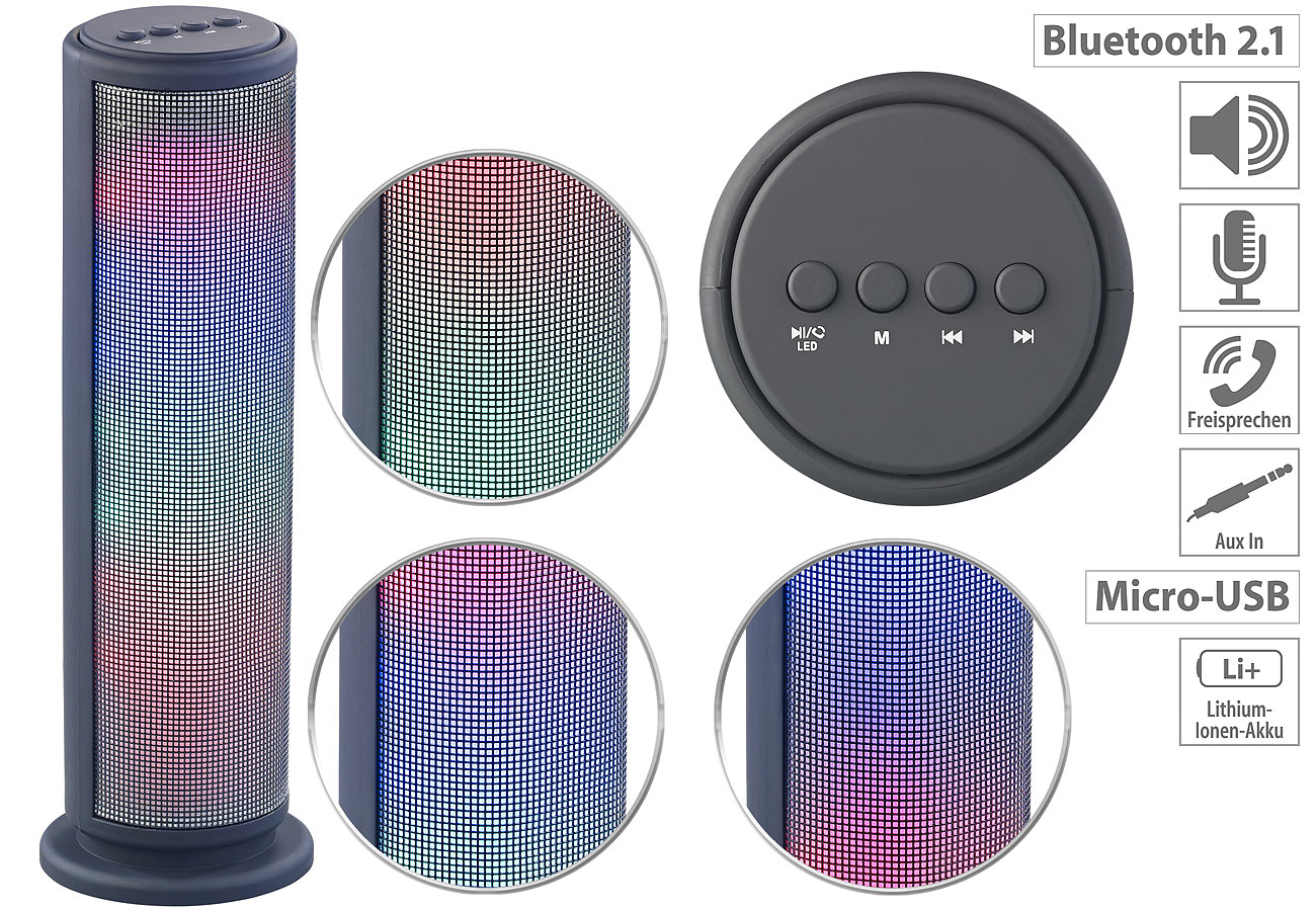 auvisio Mobiler Lautsprecher LSS-270, Bluetooth, 36 LEDs, Freisprecher, Akku, 12 Watt, www.pearl.de