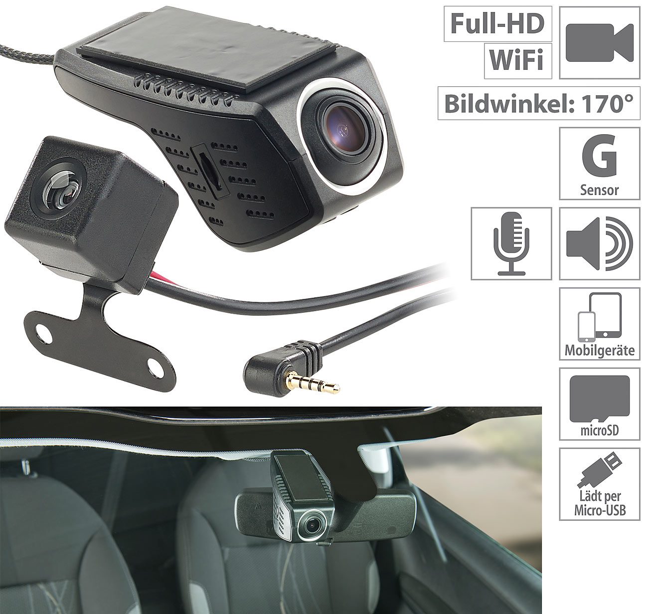 NavGear Unauffällige Full-HD-Dashcam MDV-2800, VGA-Rückfahrkamera, WLAN, G-Sensor, App, www.pearl.de