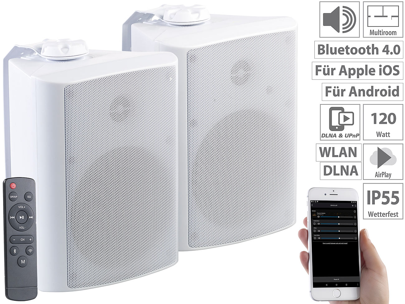 auvisio Aktive Multiroom-Stereo-Lautsprecher SMR-720.out, WLAN, Bluetooth 4.0, www.pearl.de