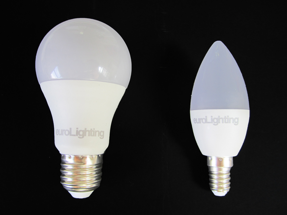 Mit Sonnenlicht: Retrofit-LED-Einschraublampe (li.) und kerzenförmige LED-Lampe von euroLighting
