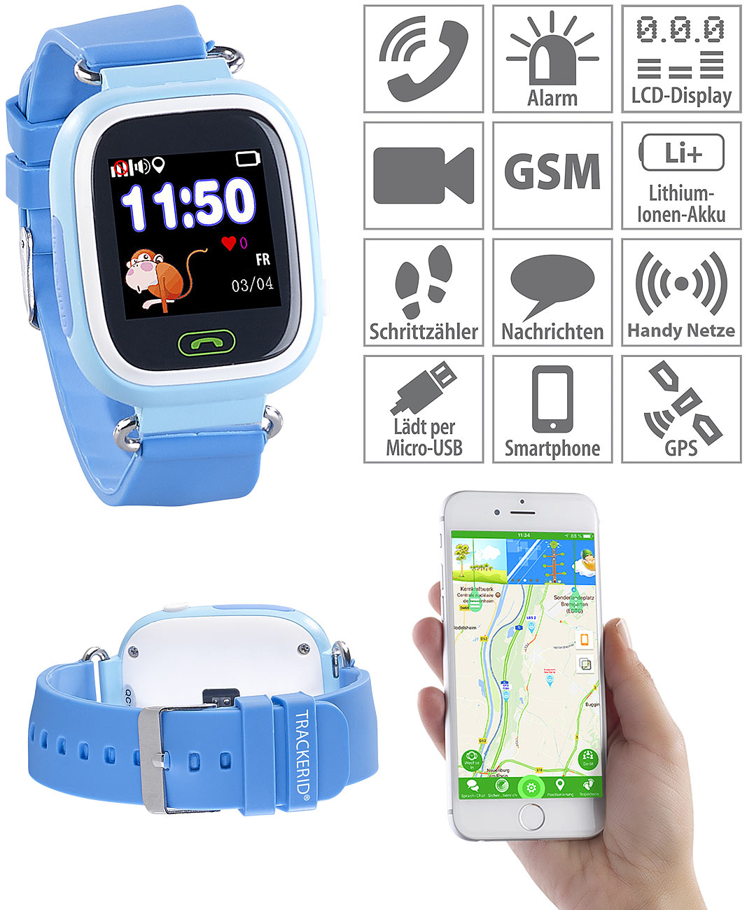 TrackerID Kinder-Smartwatch PW-120.kids, Telefon, GPS-, GSM-, WiFi-Tracking, www.pearl.de