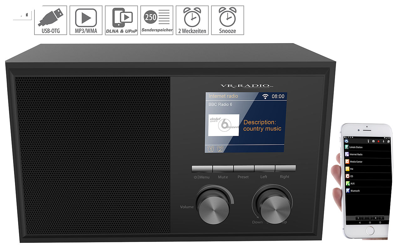 VR-Radio WLAN-Internetradio IRS-250 mit 2 Weckzeiten, Farbdisplay, Holzgehäuse, 6 Watt, www.pearl.de VR-Radio WLAN-Internetradio IRS-250 mit 2 Weckzeiten, Farbdisplay, Holzgehäuse, 6 Watt, www.pearl.de