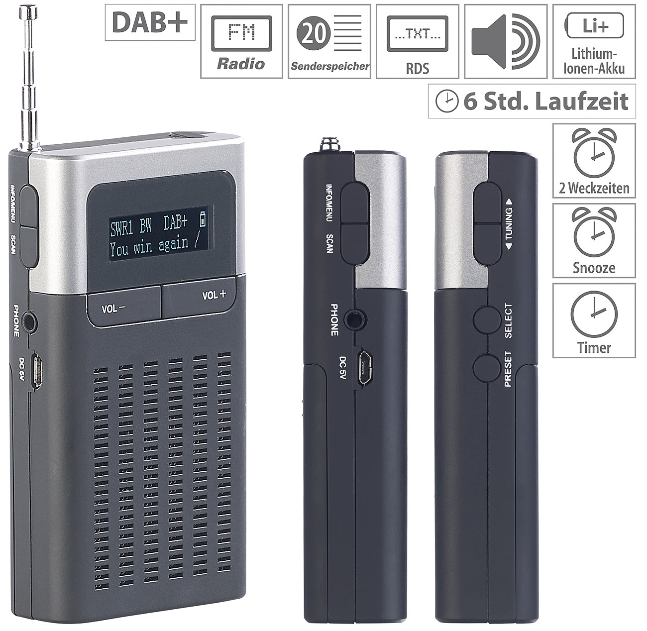 VR-Radio Digitales DAB+/FM-Taschenradio DOR-230, Lautsprecher, Wecker, LCD-Display, www.pearl.de VR-Radio Digitales DAB+/FM-Taschenradio DOR-230, Lautsprecher, Wecker, LCD-Display, www.pearl.de