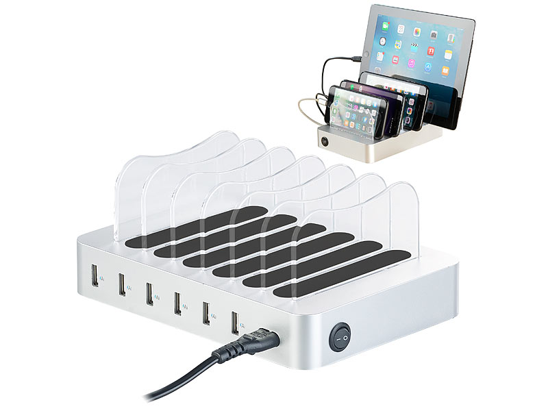 revolt 6-Port-USB-Ladestation mit entnehmbaren Trennwänden, 10 A / 50 Watt, www.pearl.de revolt 6-Port-USB-Ladestation mit entnehmbaren Trennwänden, 10 A / 50 Watt, www.pearl.de