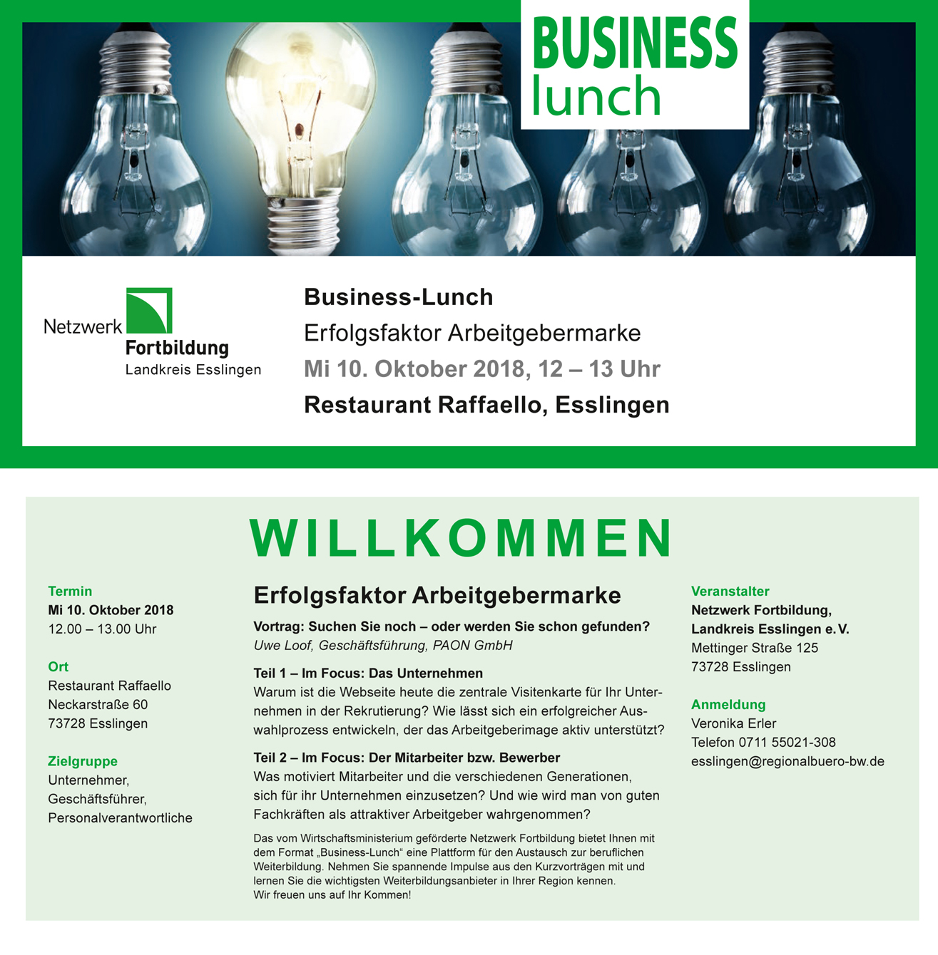 Business-Lunch am 10.10.2018: Das Netzwerk Fortbildung lädt ein.