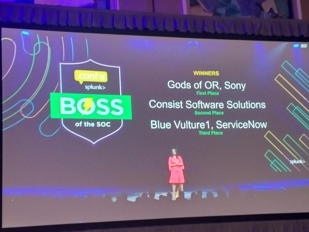 Bekanntgabe der Gewinner des Boss of the SOC auf der .conf18Quelle: Consist Bekanntgabe der Gewinner des Boss of the SOC auf der .conf18Quelle: Consist